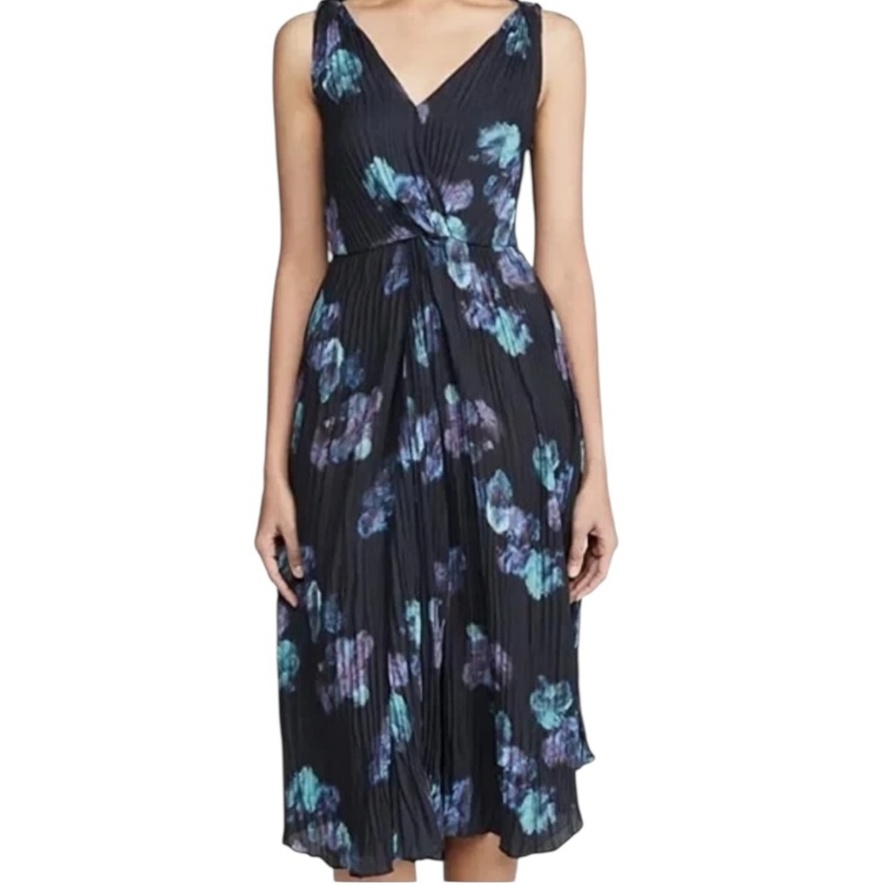 Vince Black Floral Pleated Silk Midi Dress Size 4 Twist Waist - Picture 3 of 14